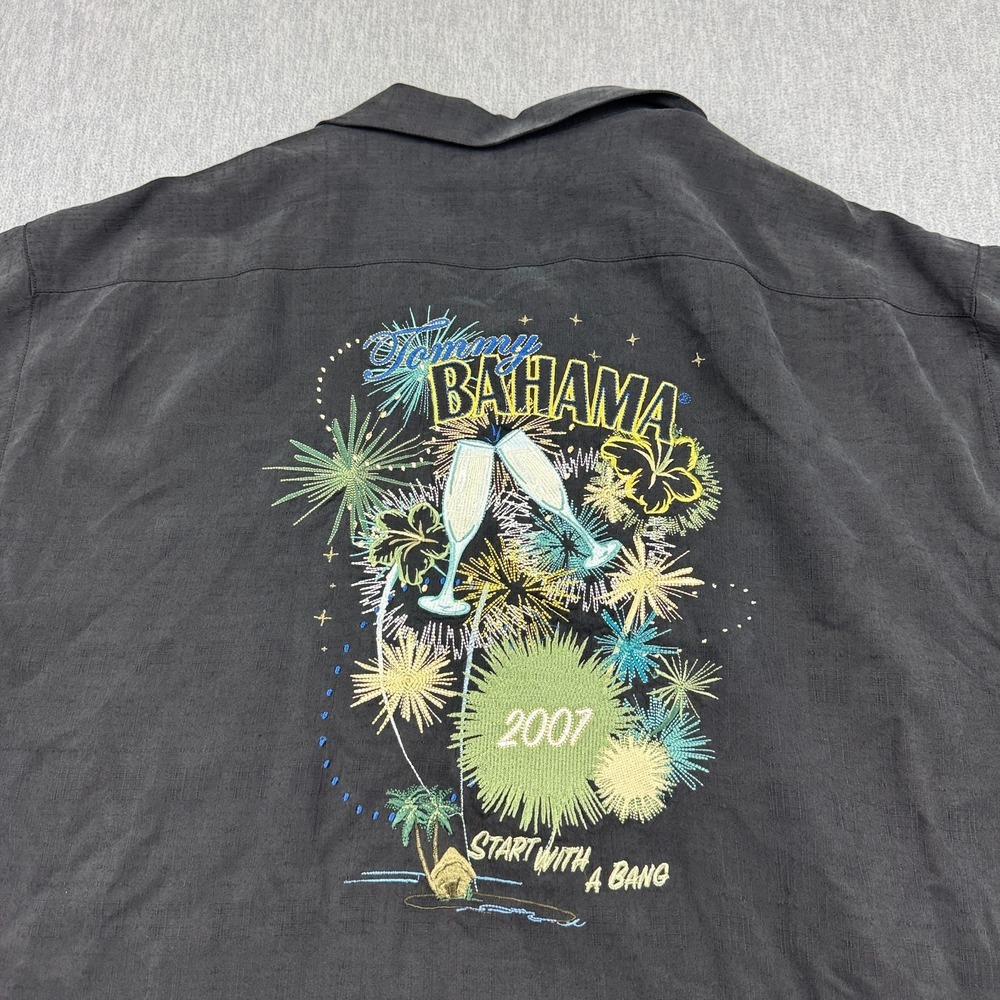 Tommy Bahama Shirt Men XL Black 100% Silk Start With A Bang Embroidered Hawaiian